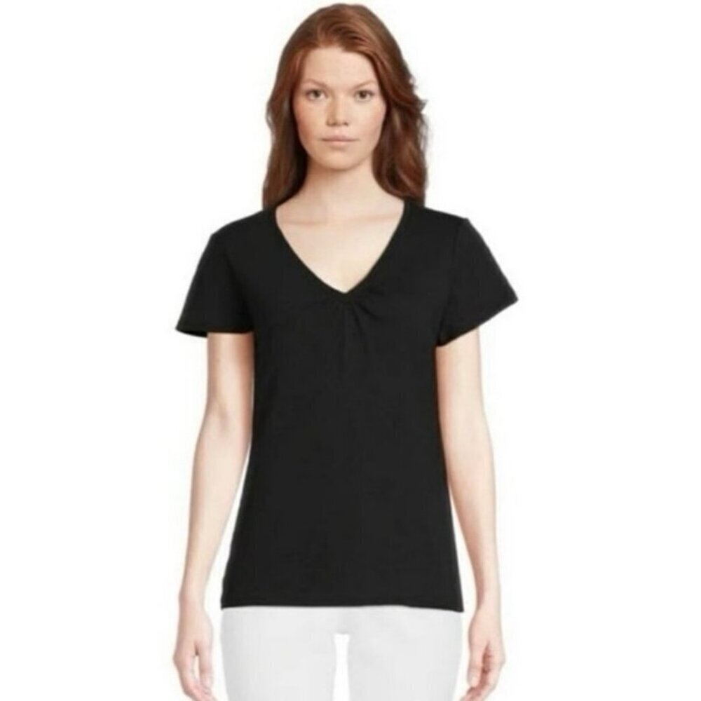 For The Republic Black Short Sleeve V-Neck Pleated Top Size M Stretch Knit
